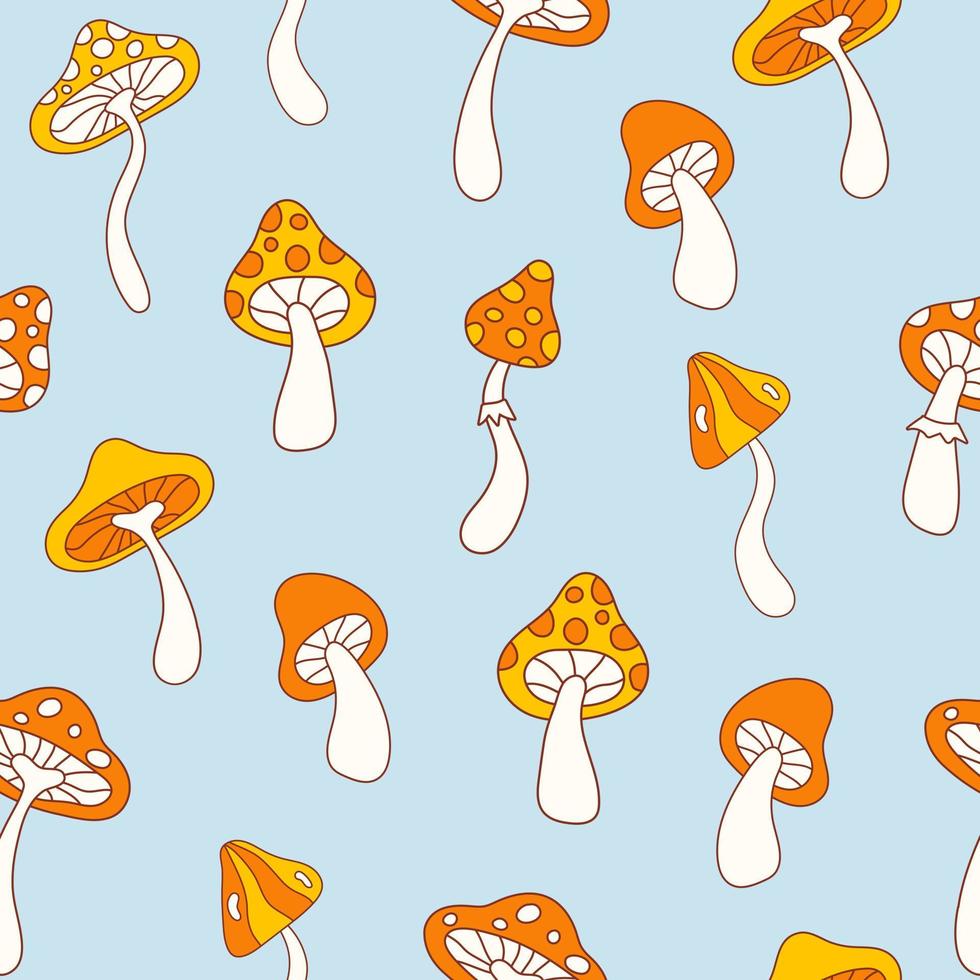 Floral hippie seamless pattern with cute mushrooms on a blue background. Groovy retro vintage print in style 70s, 80s. Vector illustration