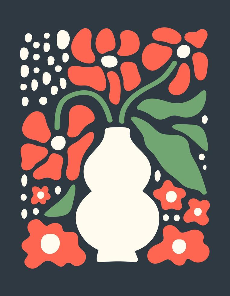 Abstract botanical poster with various blossom groovy flowers on a dark blue background. Naive art decor. Trendy hand drawn vector illustration