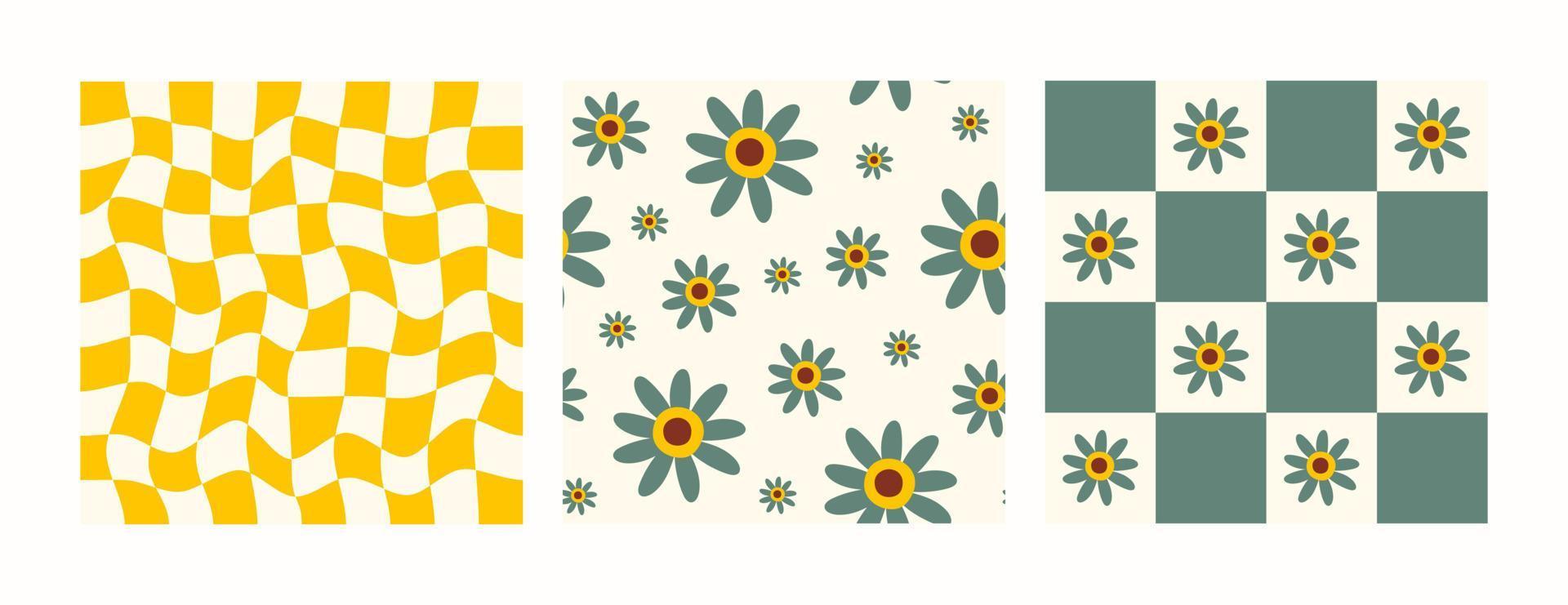 Retro set groovy seamless patterns with daisy flowers and distorted checkerboard. Trendy vector illustration in style hippie 60s, 70s. Yellow and green colors