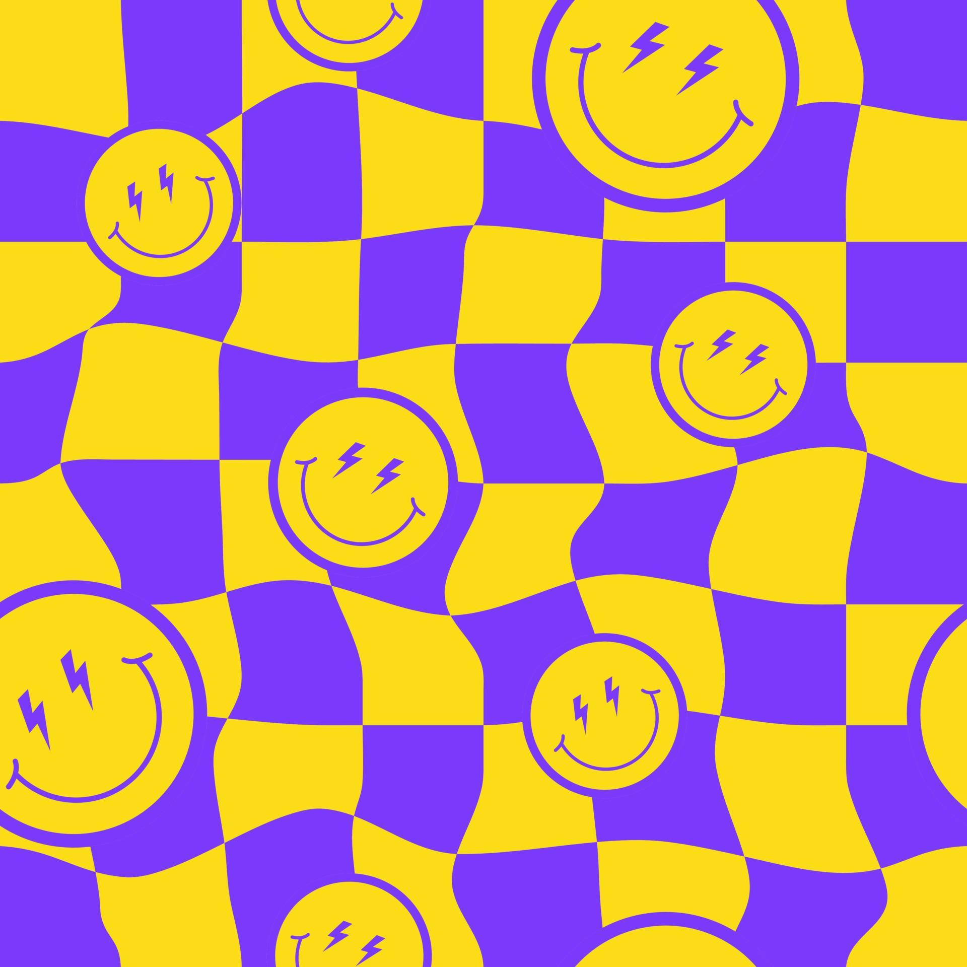 Retro hippie seamless pattern with distorted checkered and smiling ...