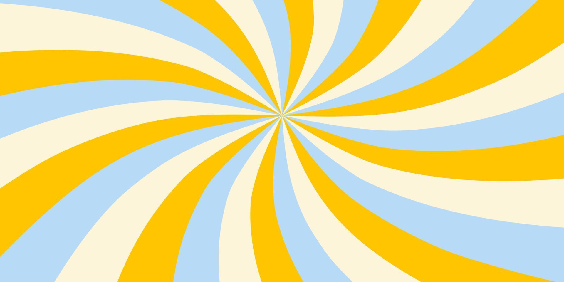 Retro horizontal background with sunburst in a spiral or swirled radial striped design. Blue, yellow and beige colors. Trendy vector illustration in style 70s, 80s