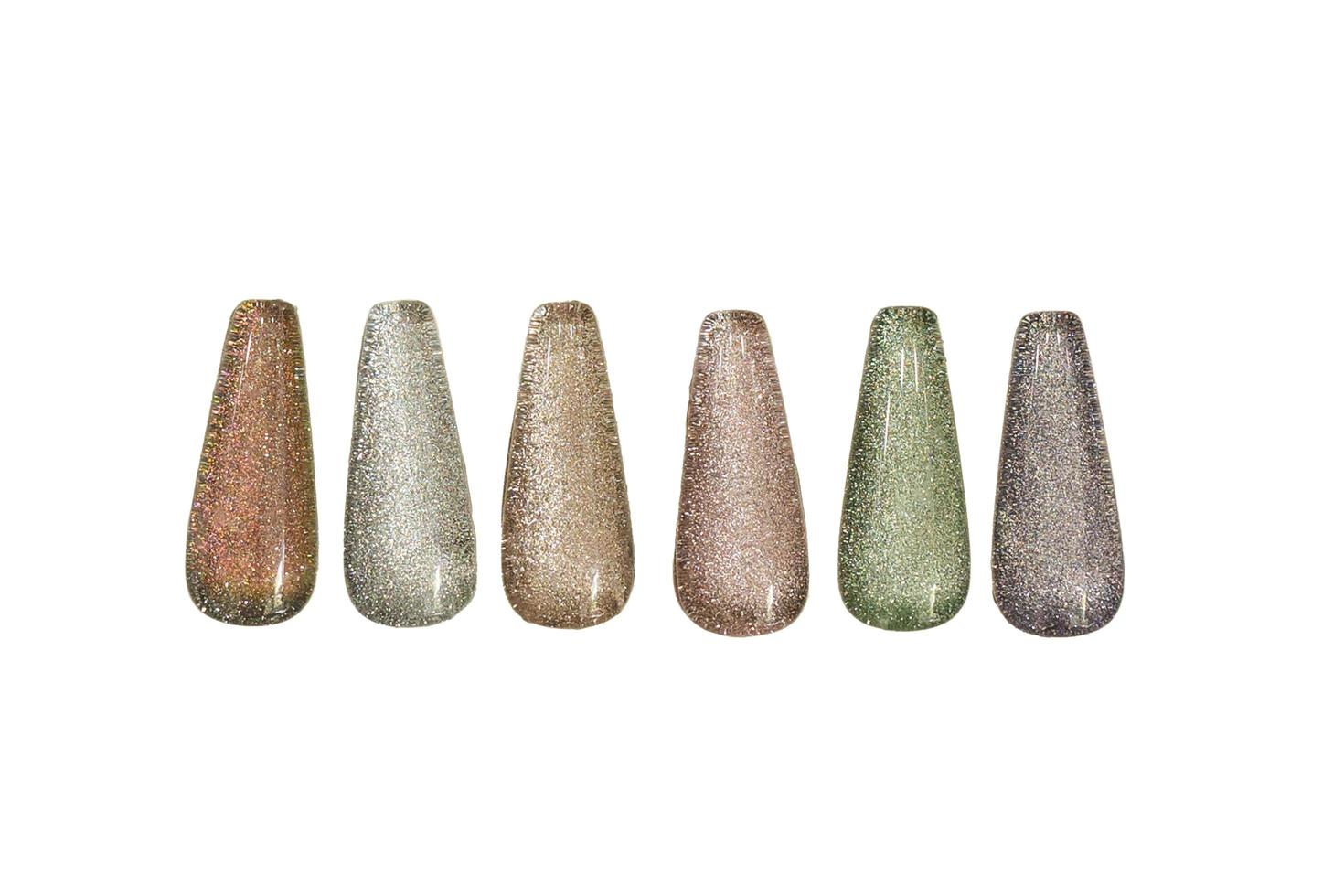 Set of artificial nails with duochrome manicure samples isolated on white background. photo