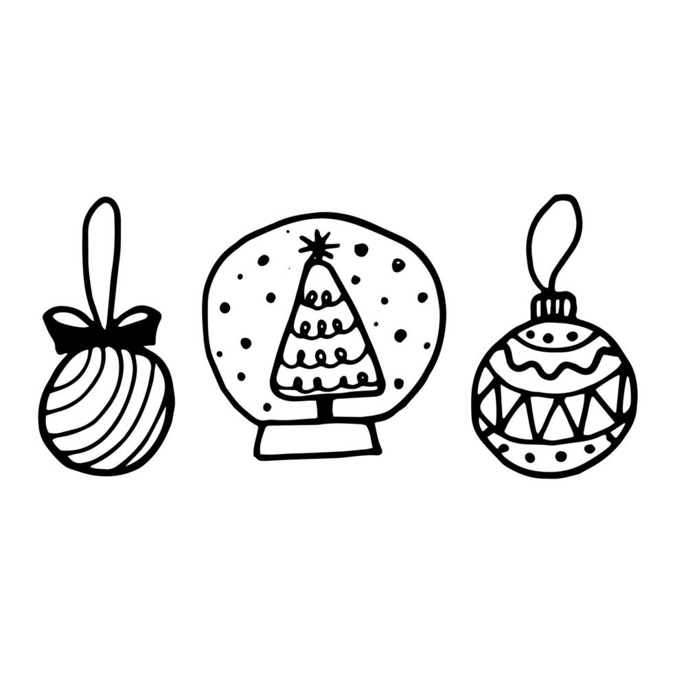 Simple winter Christmas doodle style illustration. Illustration drawn by hands in the style of line art in white on a black background. Creation of design for New Year, winter, Christmas vector