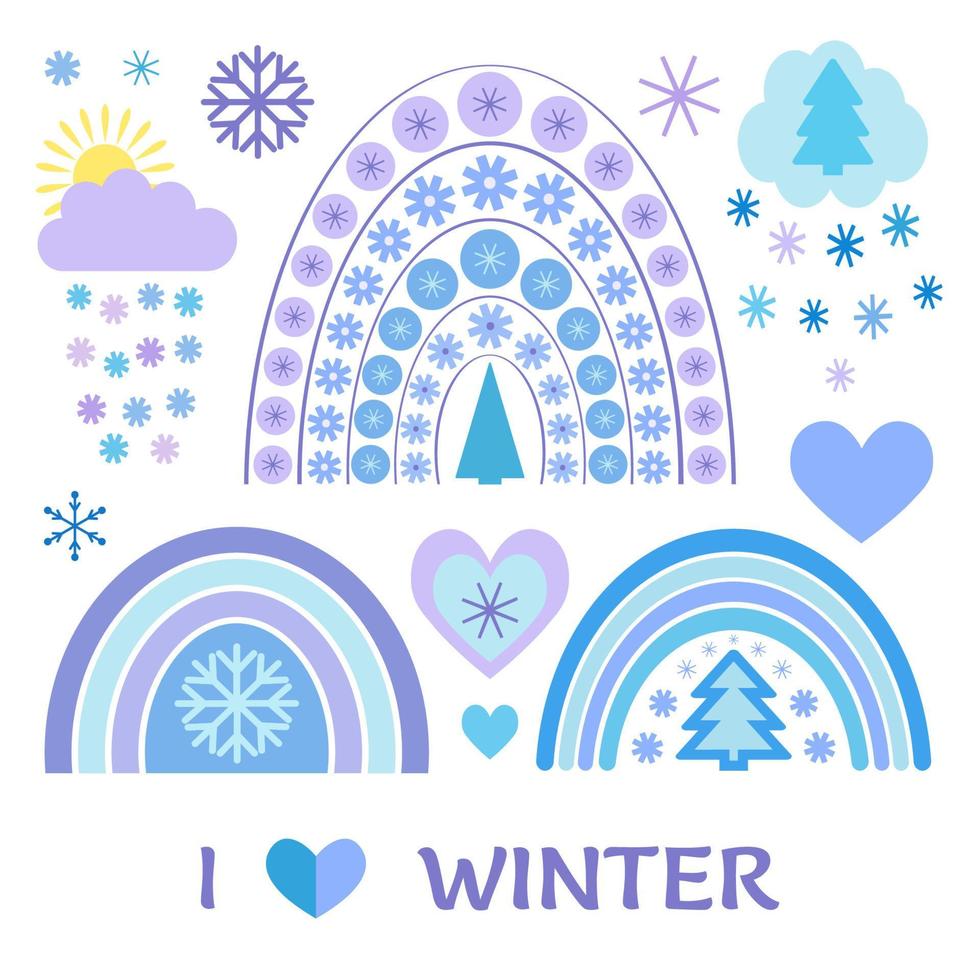 Winter rainbow collection in flat style. Cute illustration in blue on the theme of Christmas, New Year, cozy winter. Rainbows, snowflakes, trees, hearts vector