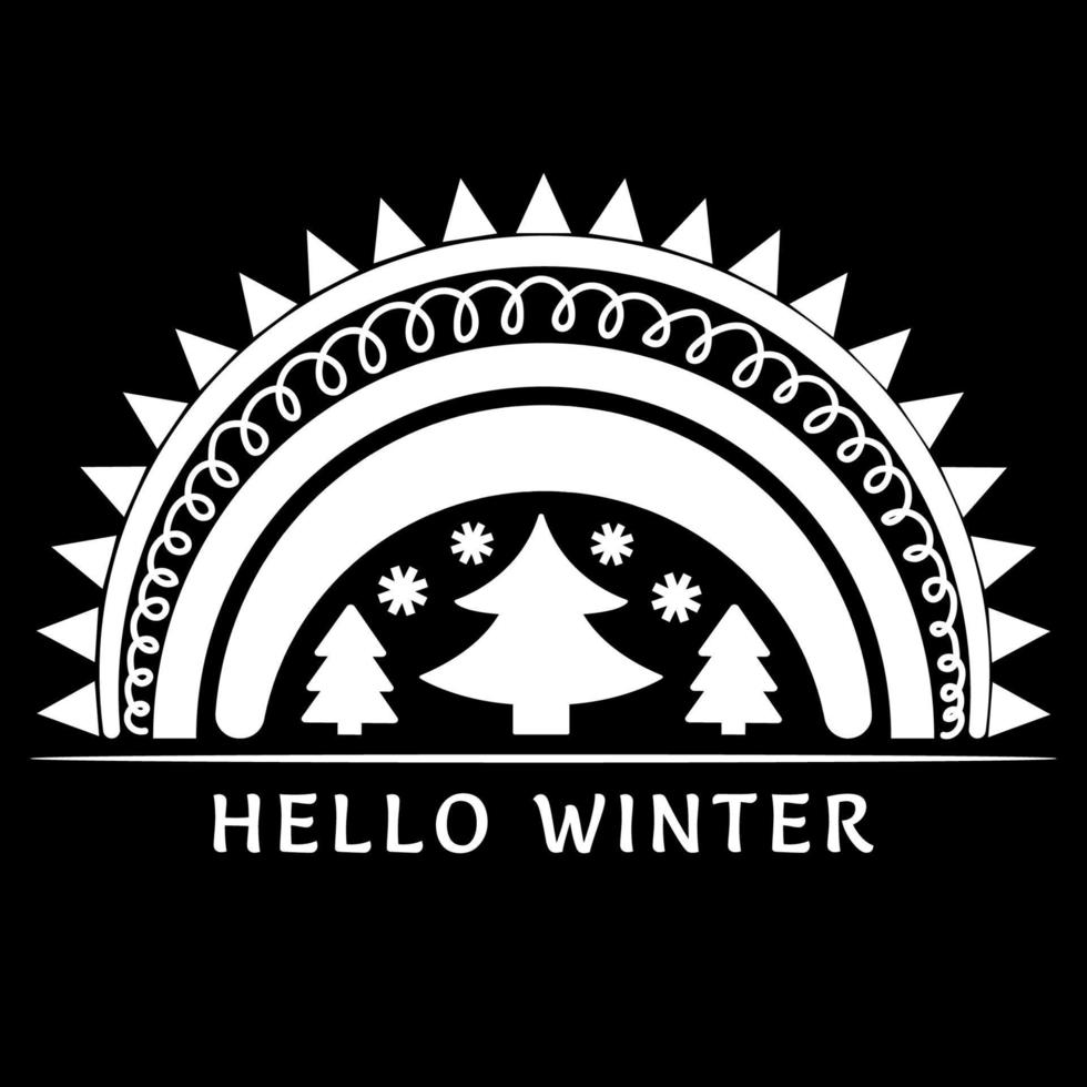 Cute rainbow composition Hello winter. Vector winter illustration in flat style for design. Happy New Year, Merry Christmas, Cozy Winter. Rainbow, tree, snowflakes
