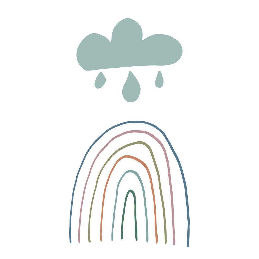 Vector elements in doodle, boho, hand draw style. Flat illustration for design and decoration. Rainbow, cloud, drops