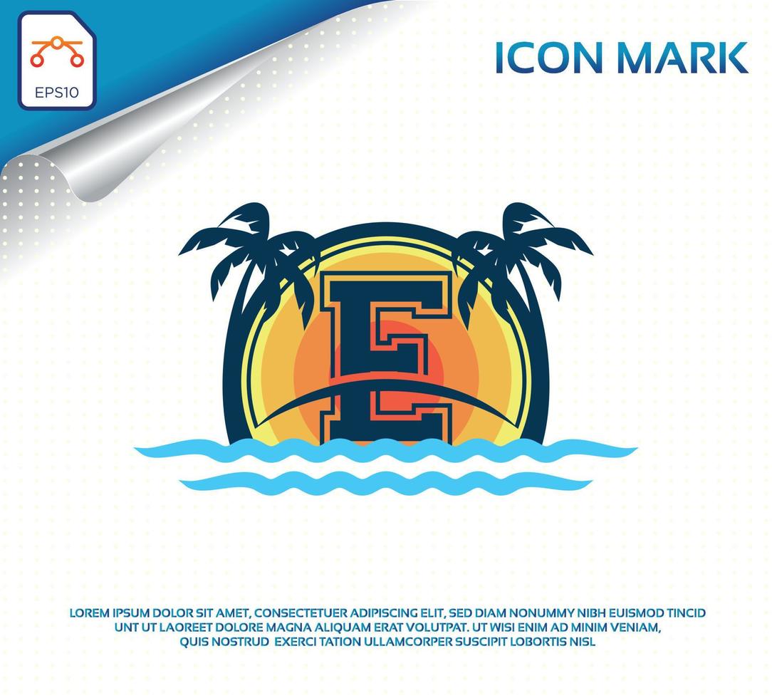 logotipo de playa con vector premium de letra e