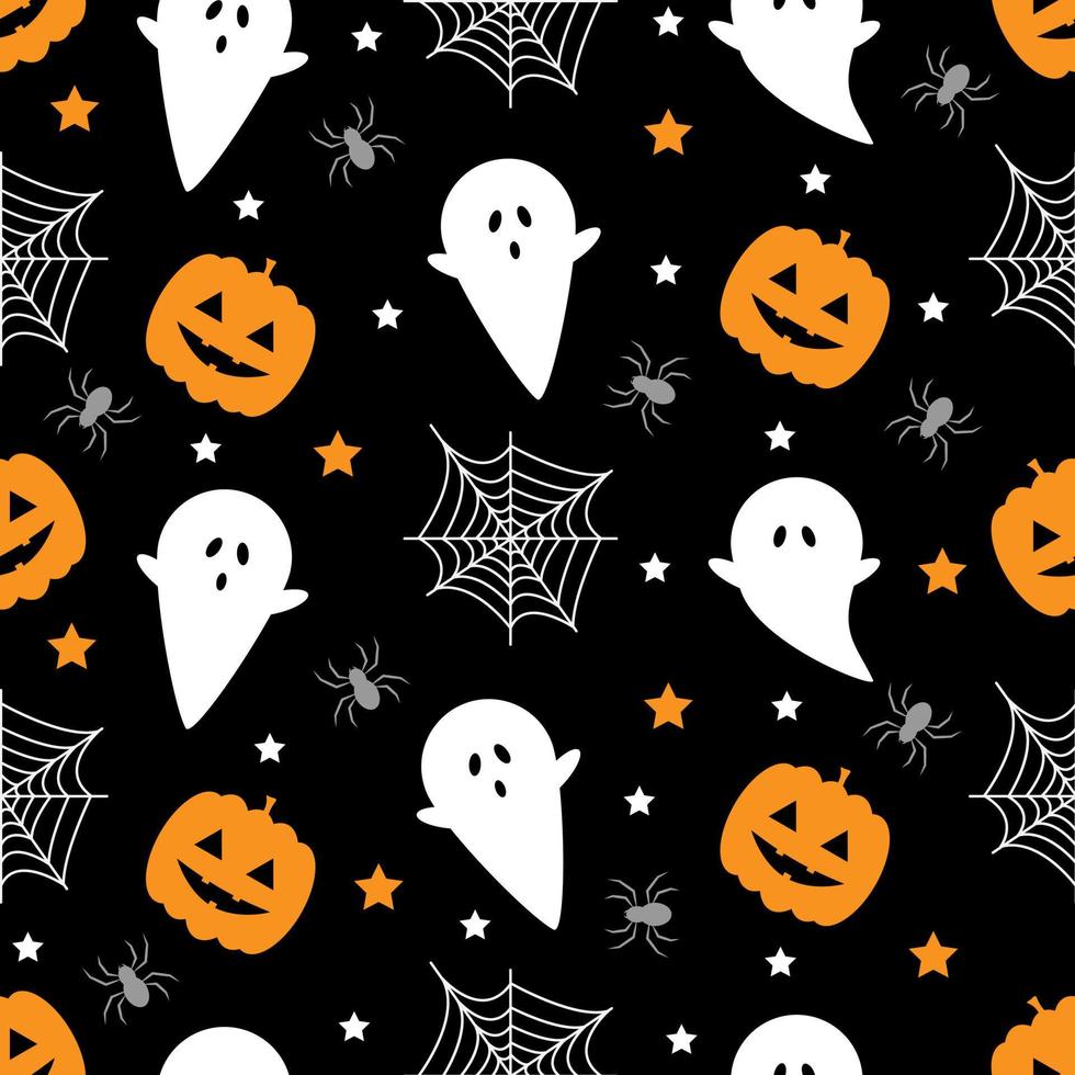 Seamless pattern with pumpkins, spider, ghost. Halloween background. vector