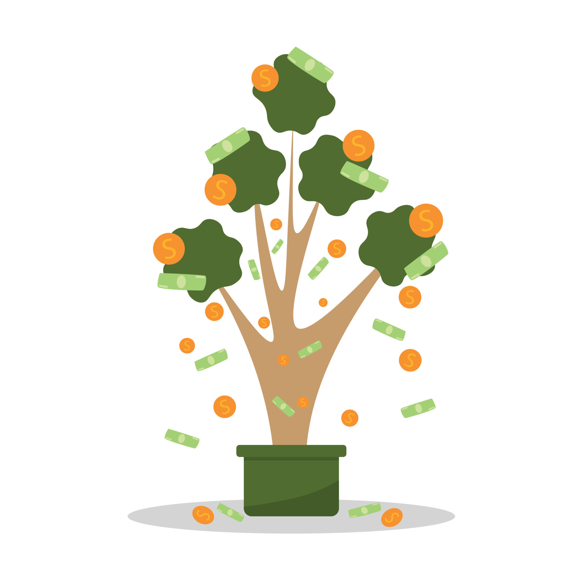 Money tree in pot with cash on branches. Plant with falling coins and  banknotes. Concept of abundance, prosperity and richness. Colored flat  cartoon vector illustration isolated on white 9496989 Vector Art at