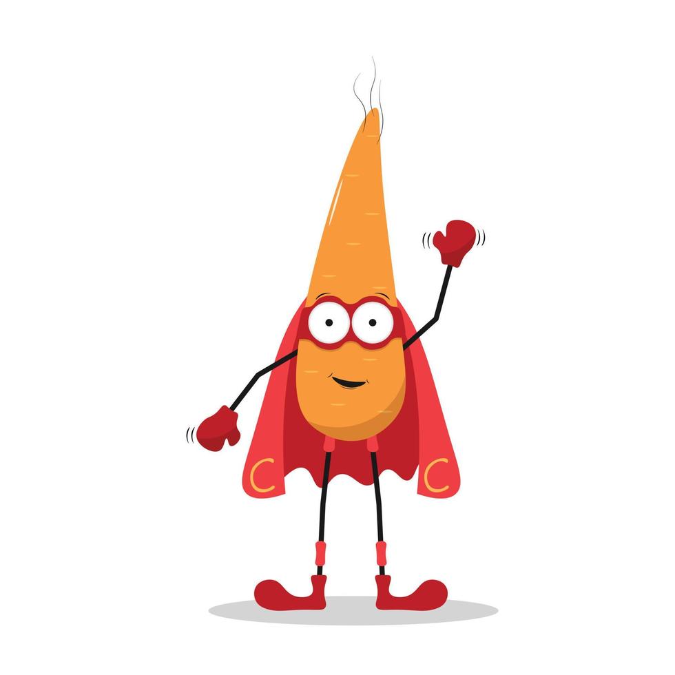 Funny cartoon character vegetable in superhero costume. Concept of healthy diet, natural vegetarian organic products. Cute food vegetable carrot in cloak of super hero and mask. Vector illustration.