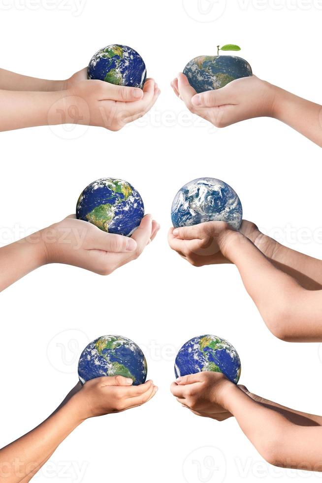 collection of hand holding globe earth isolated on white background with clipping path. Elements of this image furnished by NASA photo