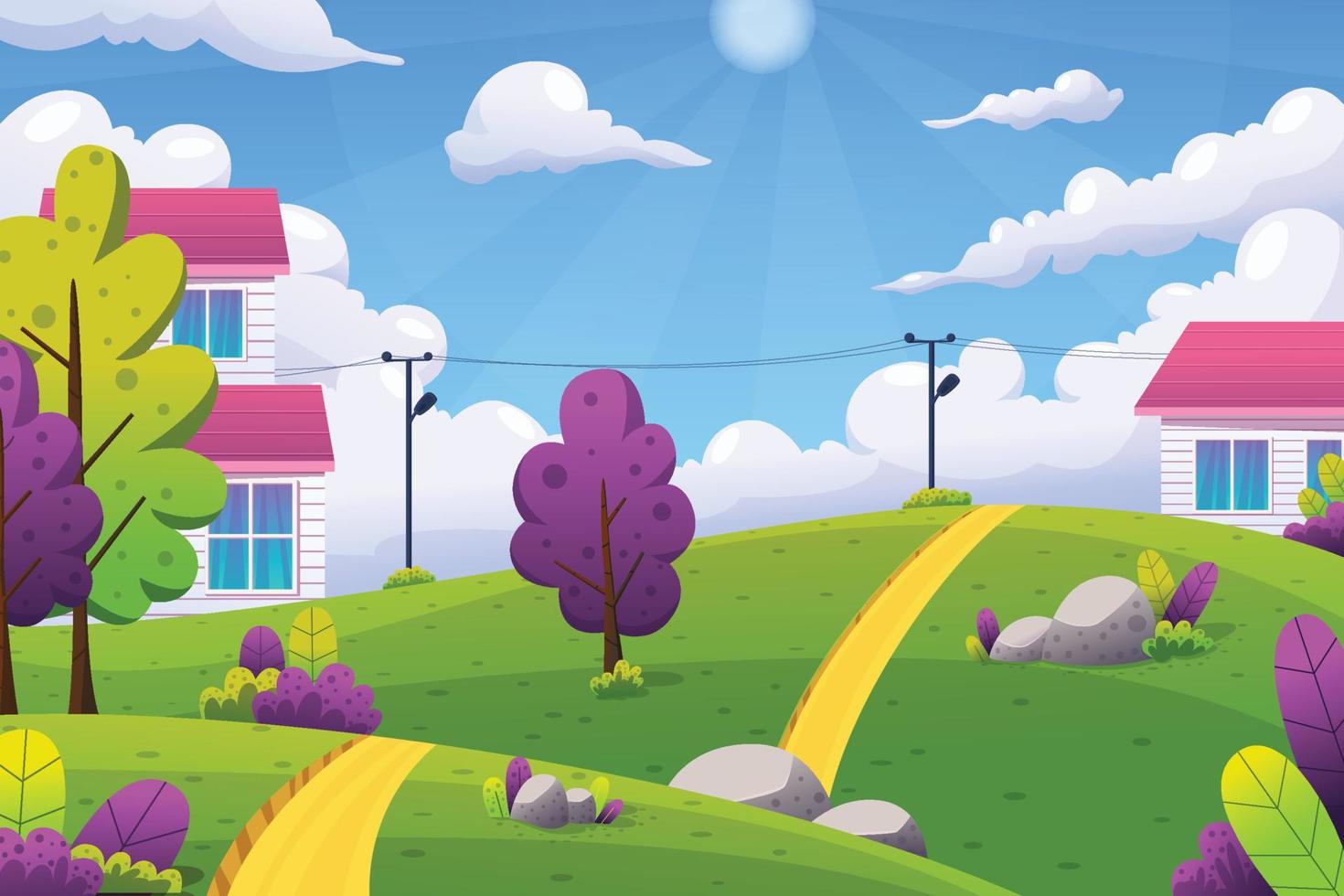 sunny day illustration landscape with trees and stone and house vector