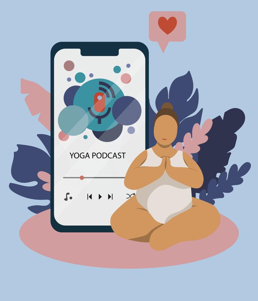 meditación y obtener el concepto de armonía en el teléfono. mujer relajada de talla grande sentada en pose de meditación y obteniendo equilibrio con la ilustración de vector de mente y cuerpo. podcast sobre yoga en la pantalla del teléfono