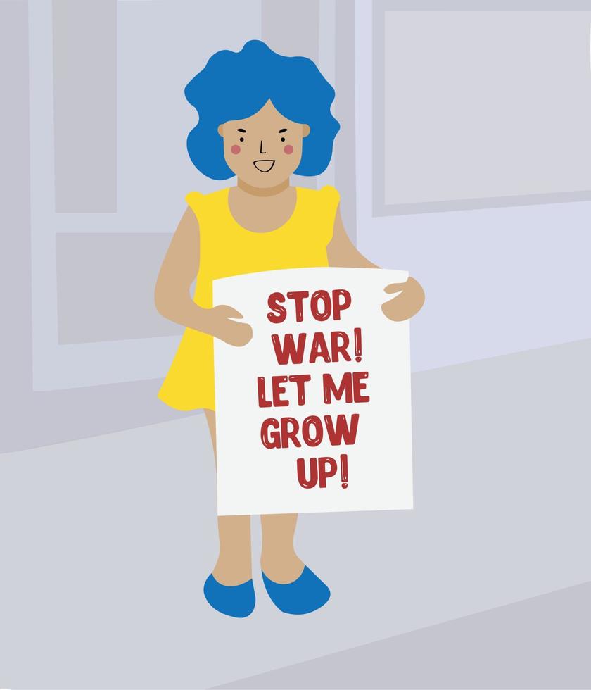 Stop War Banner text with Ukraine flag. Little girl standing with banner and praying about peace. International protest, Stop the war against Ukraine. Vector illustration