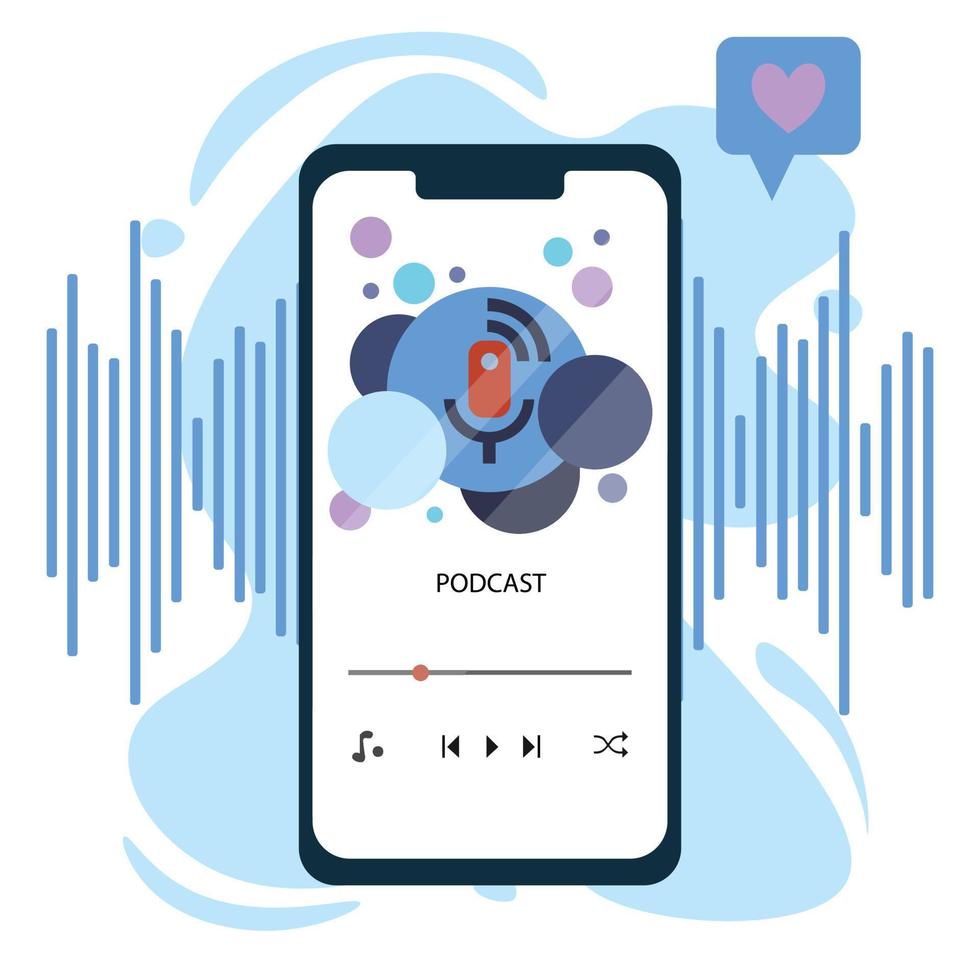 Podcast in phone with interesting background in blue theme. vector