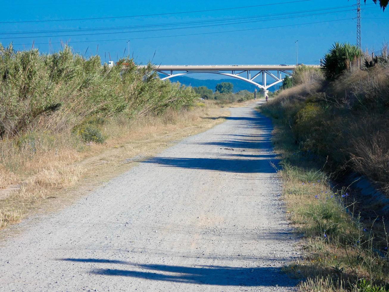 Lonely dirt road with dry vegetation on its sides photo