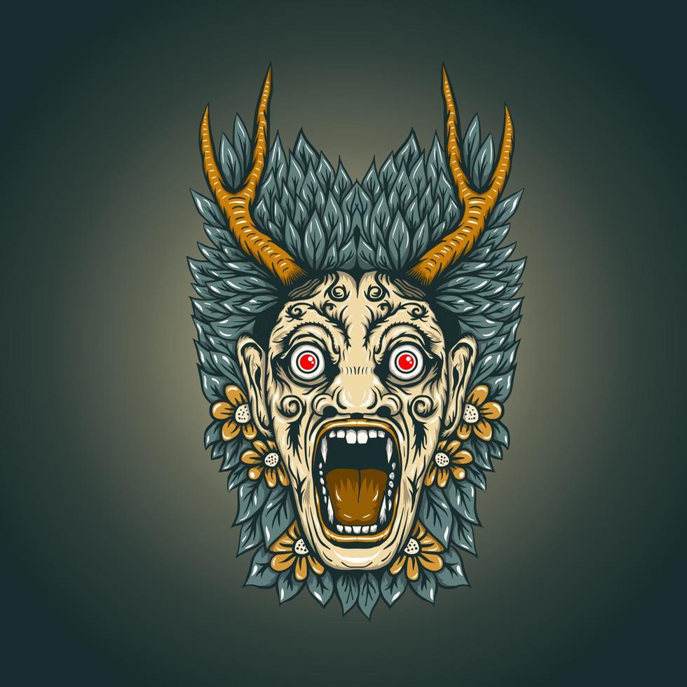 Angry dracula head with horn, flower, and leaves vector