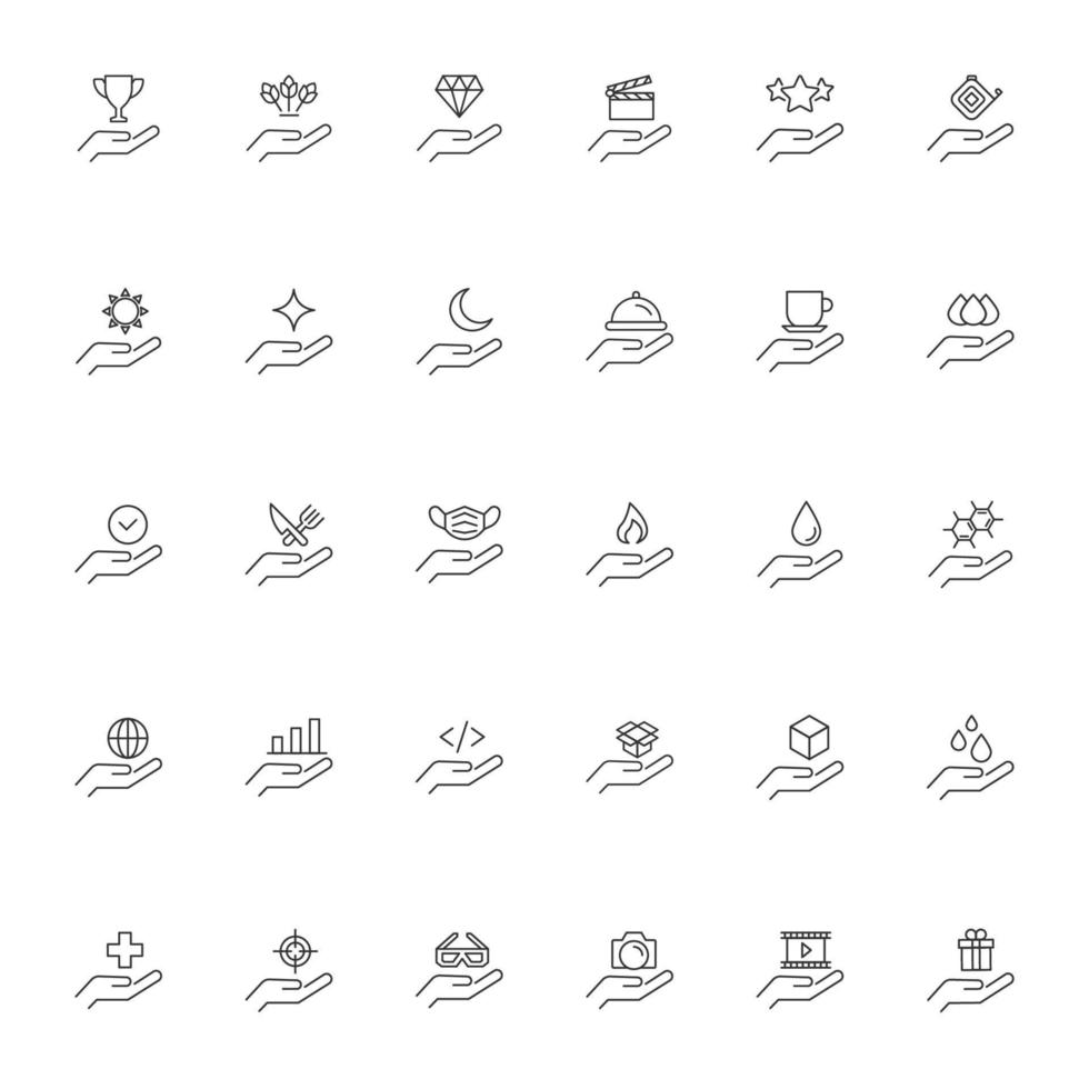 Giving and present concept. Collection of modern outline symbols for web sites, advertisment, internet shops, stores etc. Line icons of various items on outstretched hand vector