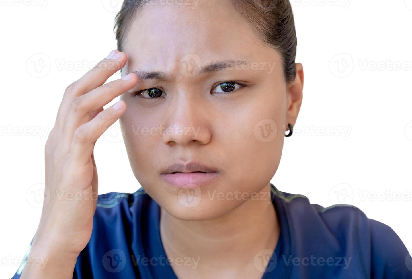 Young woman with upset expression looking at camera. Confused girl expressing distrust and suspicion, doubt and confusion. Woman with disgruntled face, worried and troubled uneasy, stare camera angry photo