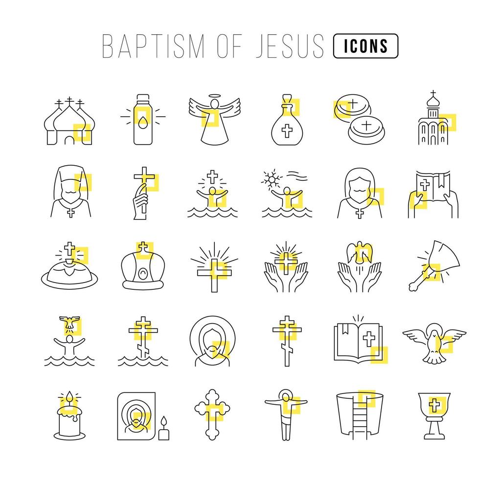 Set of linear icons of Baptism of Jesus vector