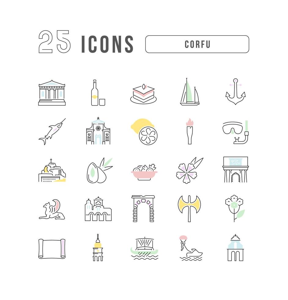 Set of linear icons of Corfu vector