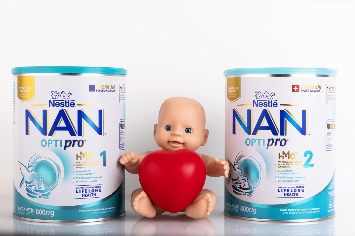 Moscow, Russia - July 8, 2021 - Milk formula in cans for feeding babies, NAN 1 OPTIPRO, NAN 2 OPTIPRO on a white background. photo