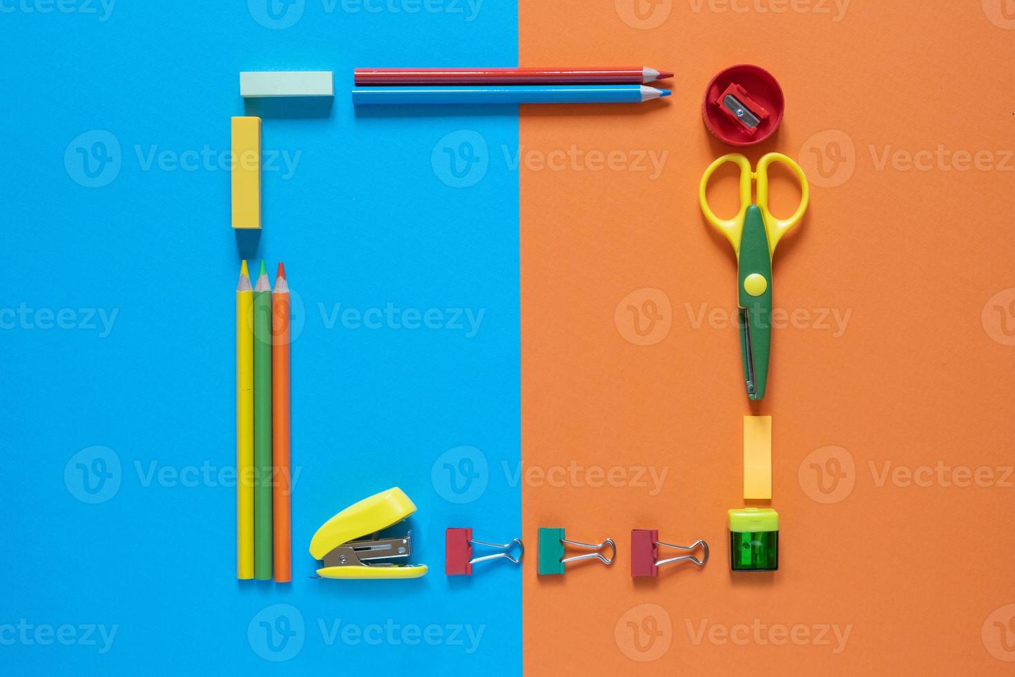 Back to school concept. School and office supplies on the office table..Flat lay with copy space.Autumn photo