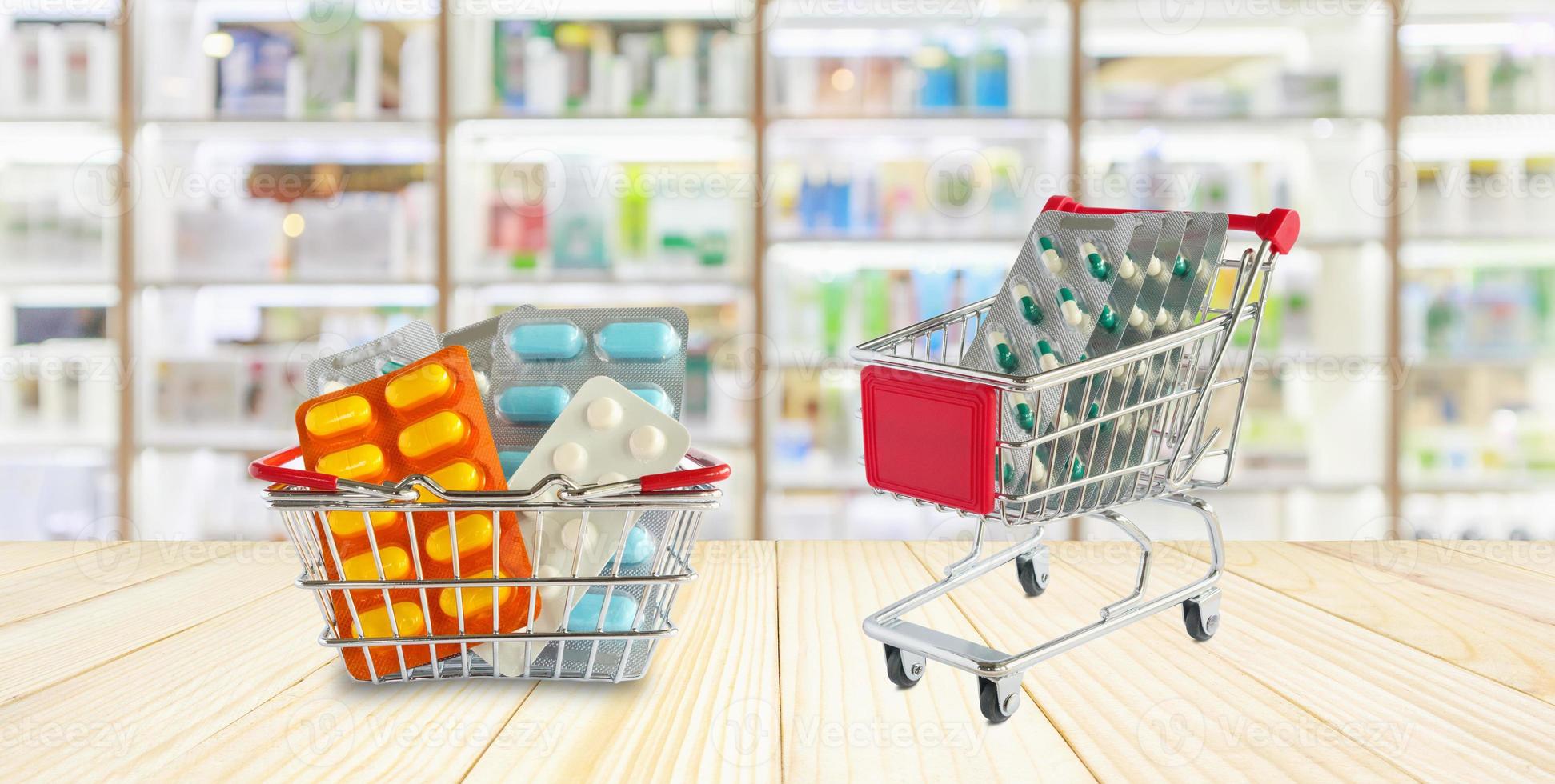 Medicine pills package in shopping cart and basket with pharmacy drugstore shelves blur background photo