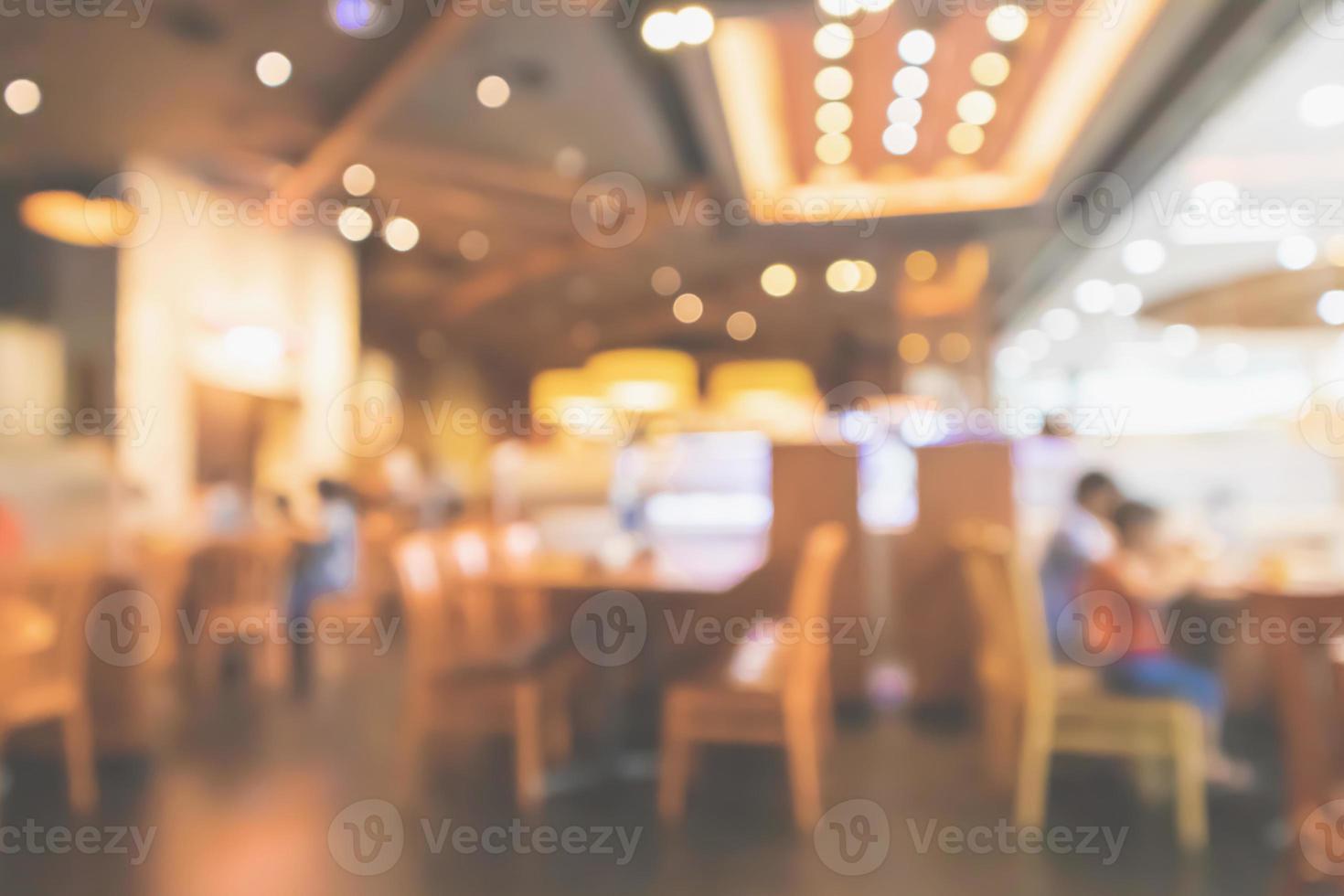 Restaurant interior with customer and wood table blur abstract background with bokeh light photo