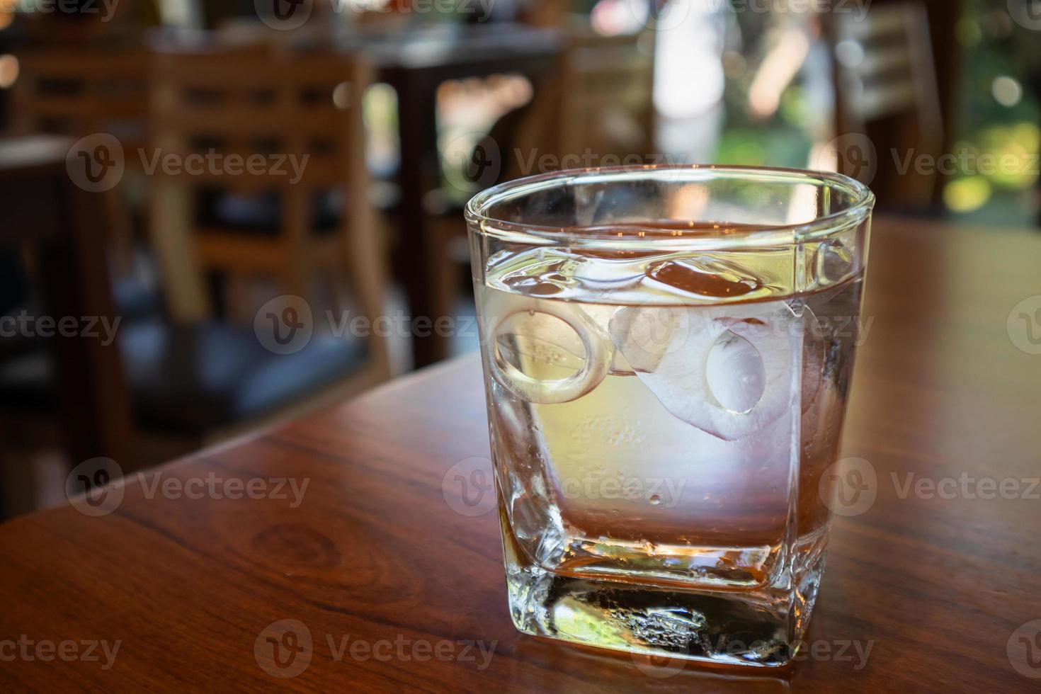 glass of water on wood table in restaurant photo