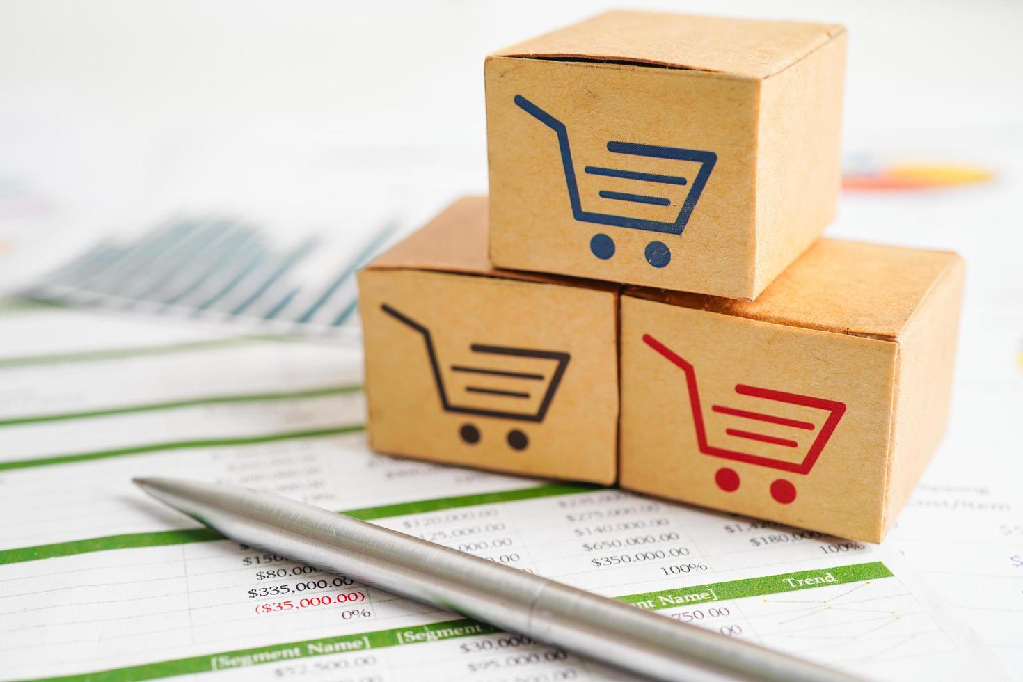 Online shopping, Shopping cart box on business graph, import export, finance commerce. photo