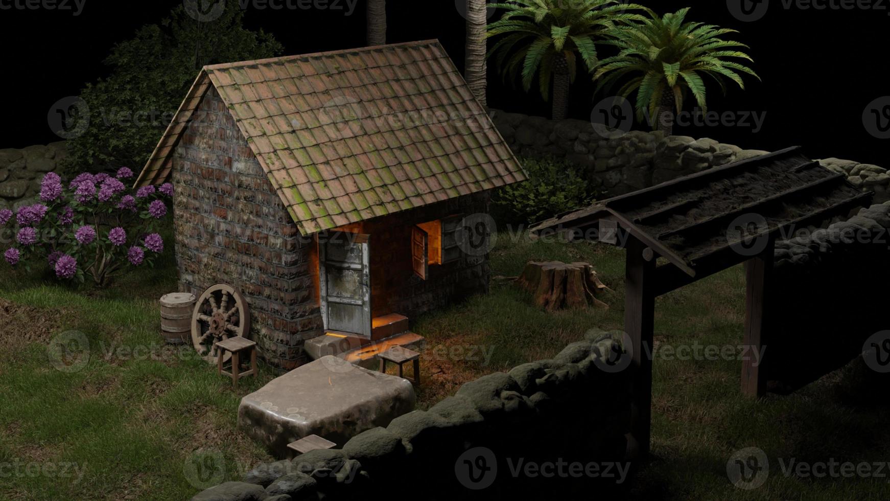 The old house in the garden in the middle of the night photo