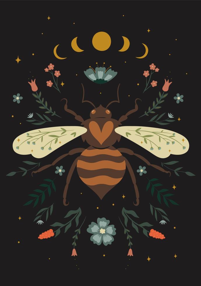 Postcard with wasp, moon phases and flora elements. Vector graphics.