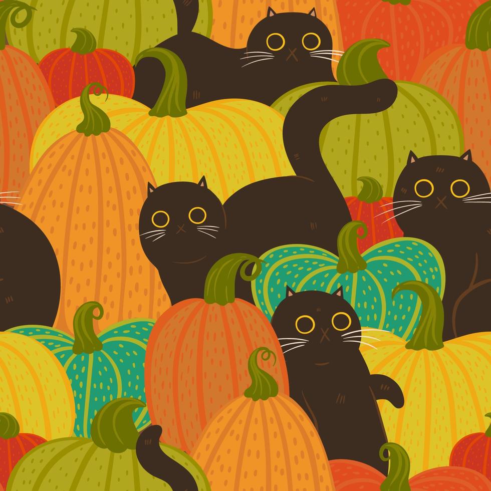 Seamless pattern with cats and pumpkins. Vector graphics.