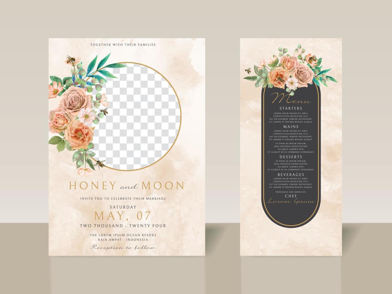 hermosa tarjeta de invitación de boda floral y abejas vector