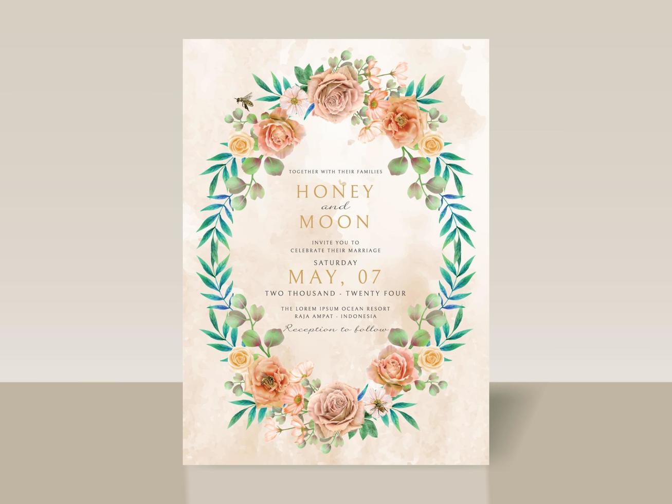Beautiful floral and bees wedding invitation card vector