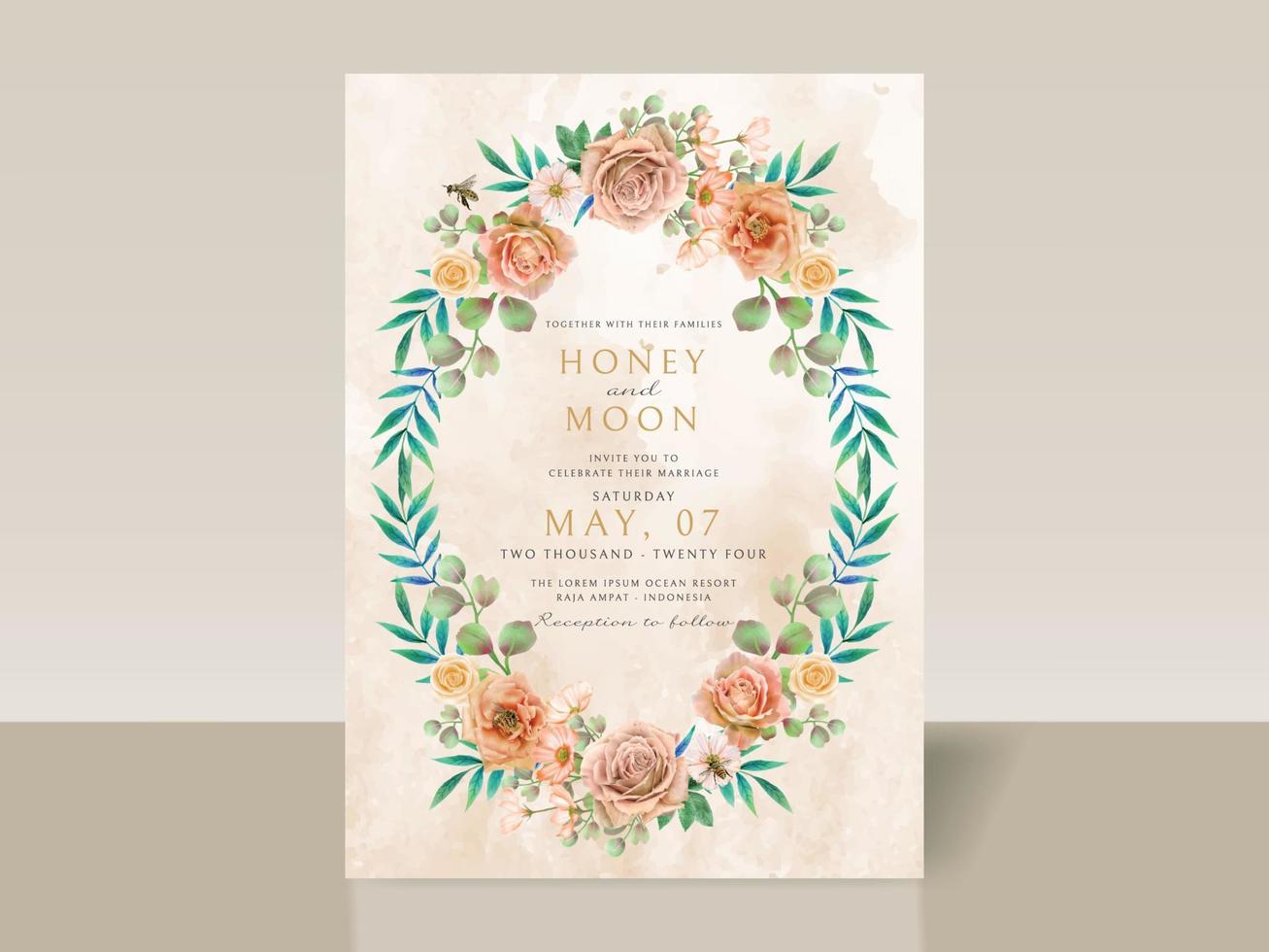 hermosa tarjeta de invitación de boda floral y abejas vector