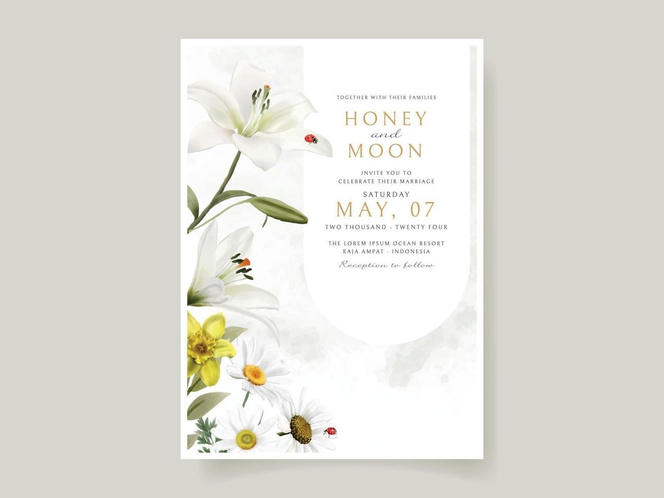 Beautiful floral and ladybugs wedding invitation card vector