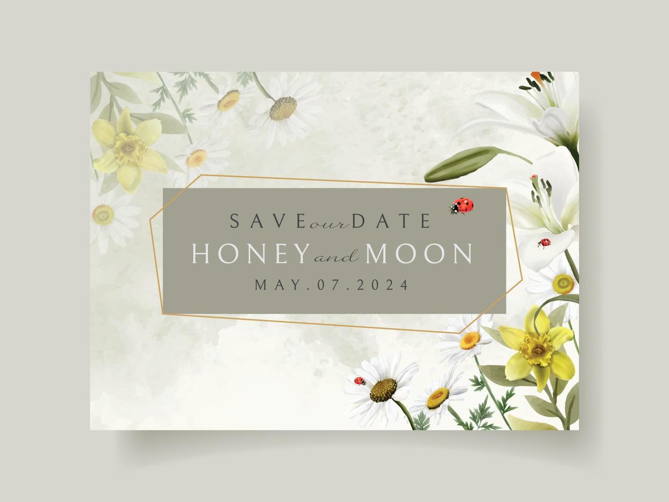 hermosa tarjeta de invitación de boda floral y mariquitas vector