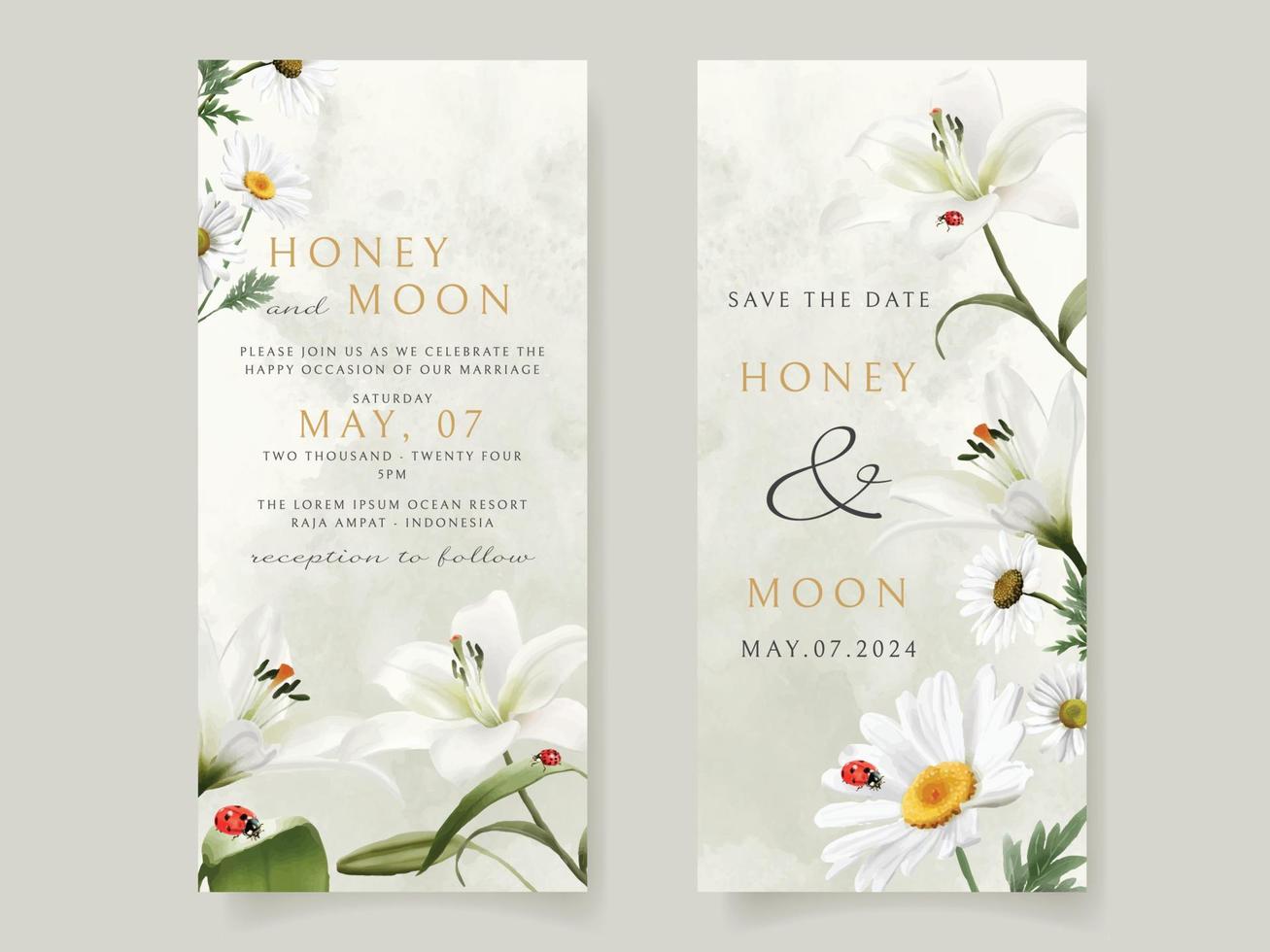 hermosa tarjeta de invitación de boda floral y mariquitas vector