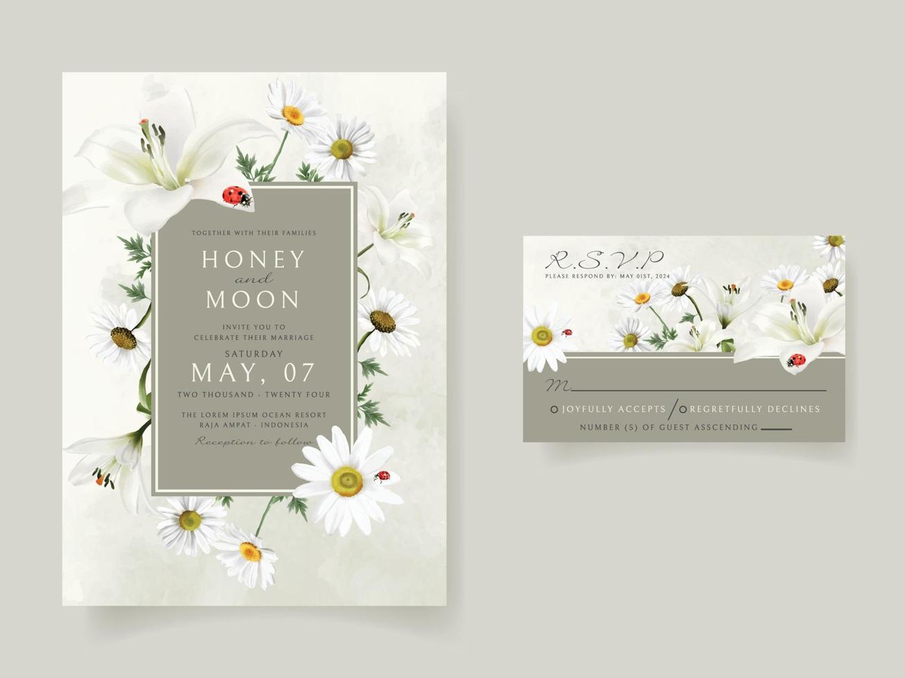 hermosa tarjeta de invitación de boda floral y mariquitas vector