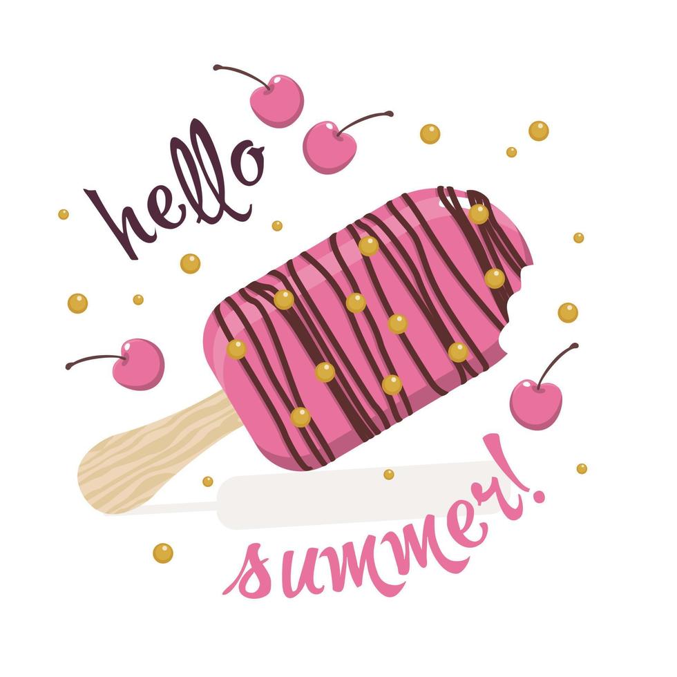 Pink ice cream with decorative chocolate decoration, cherries and gold balls on a white background and the inscription Hello summer. vector