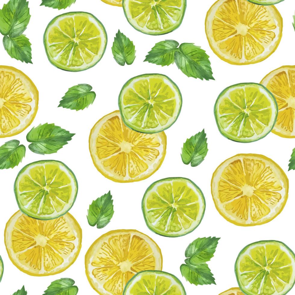 Watercolor hand drawn seamless pattern fresh green lime and yellow lemon slices and mint leaves for textile, phone cases, decoration vector