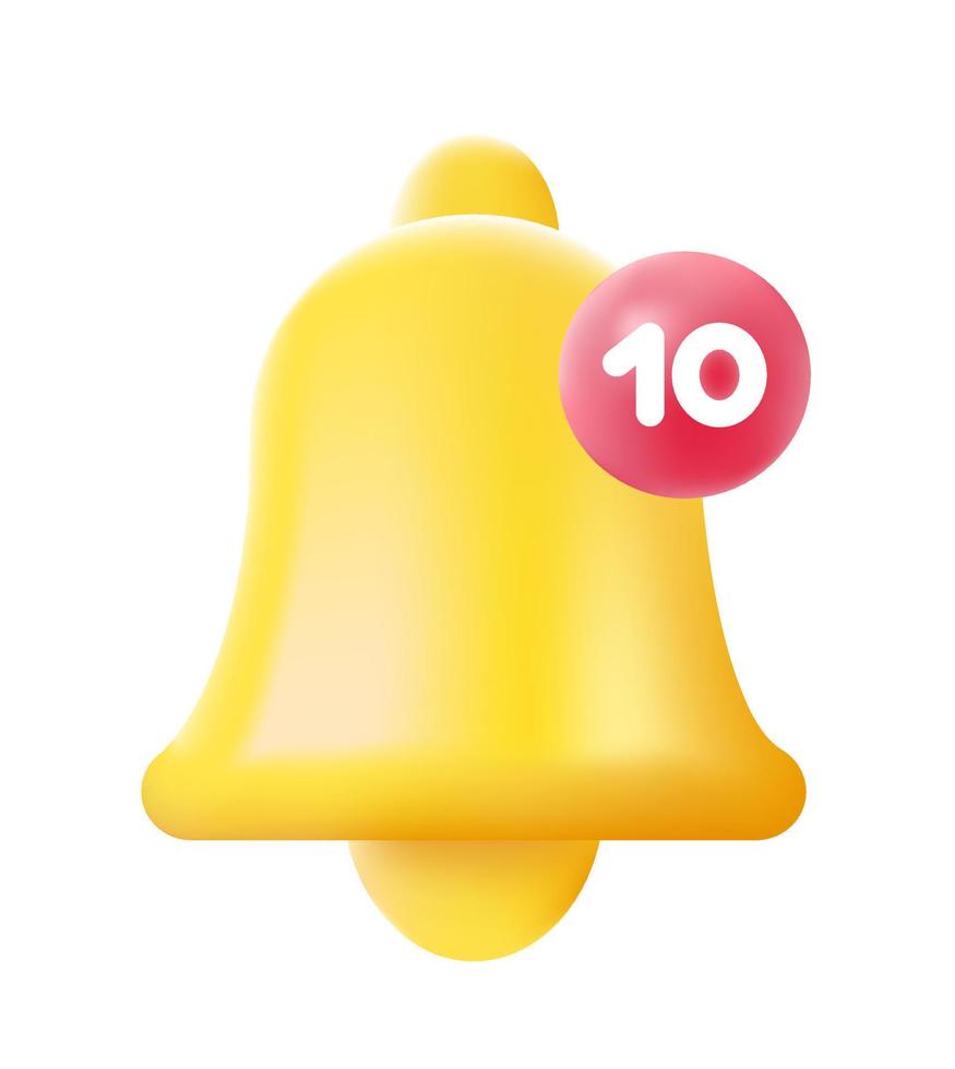 Notification bell icon 3d isolated on white background. 3d render yellow ringing bell with new notification for social media reminder. Realistic vector icon