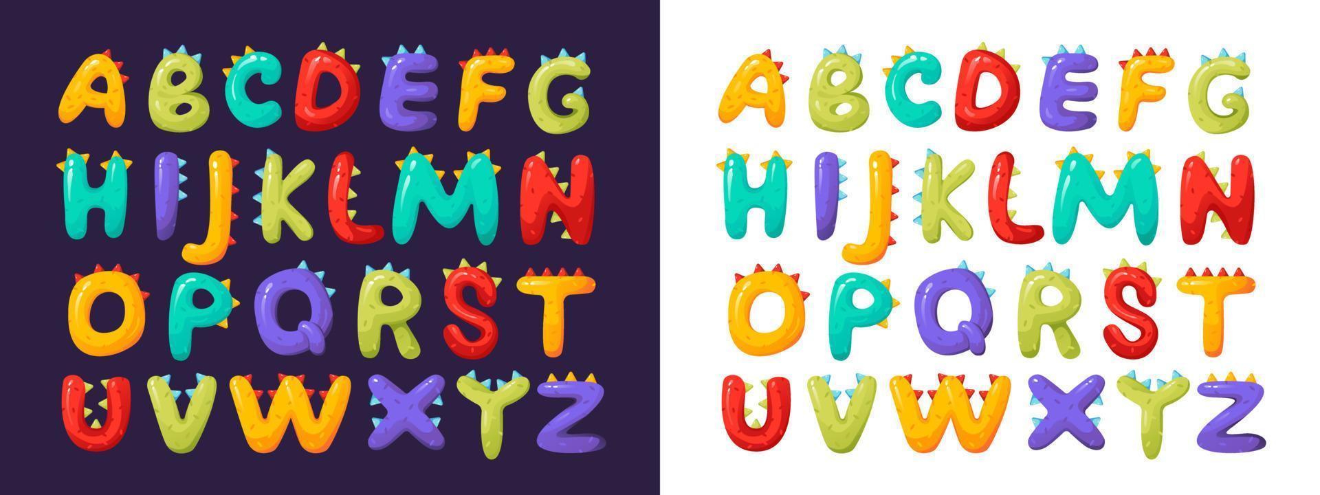 Children's alphabet, colorful and stylized font. Three-dimensional letters and numbers. Vector illustration