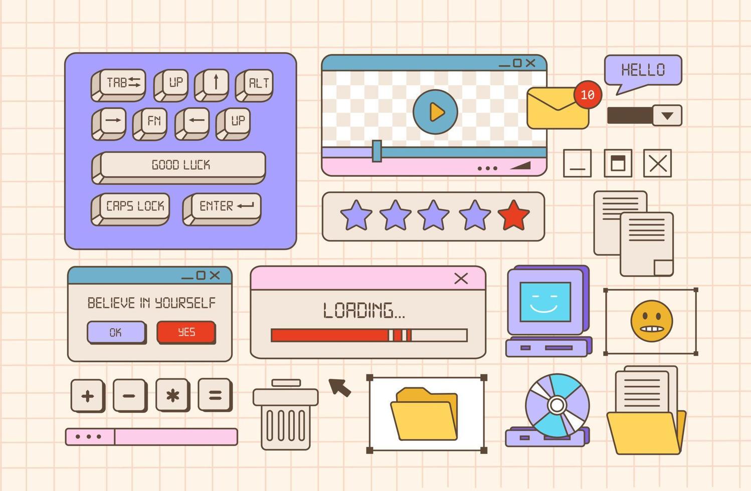 Browser windows in the vaporwave style of the 80-90s. Desktop PC with message windows and pop-up user interface elements. Old user interface and the keyboard . Vector illustration