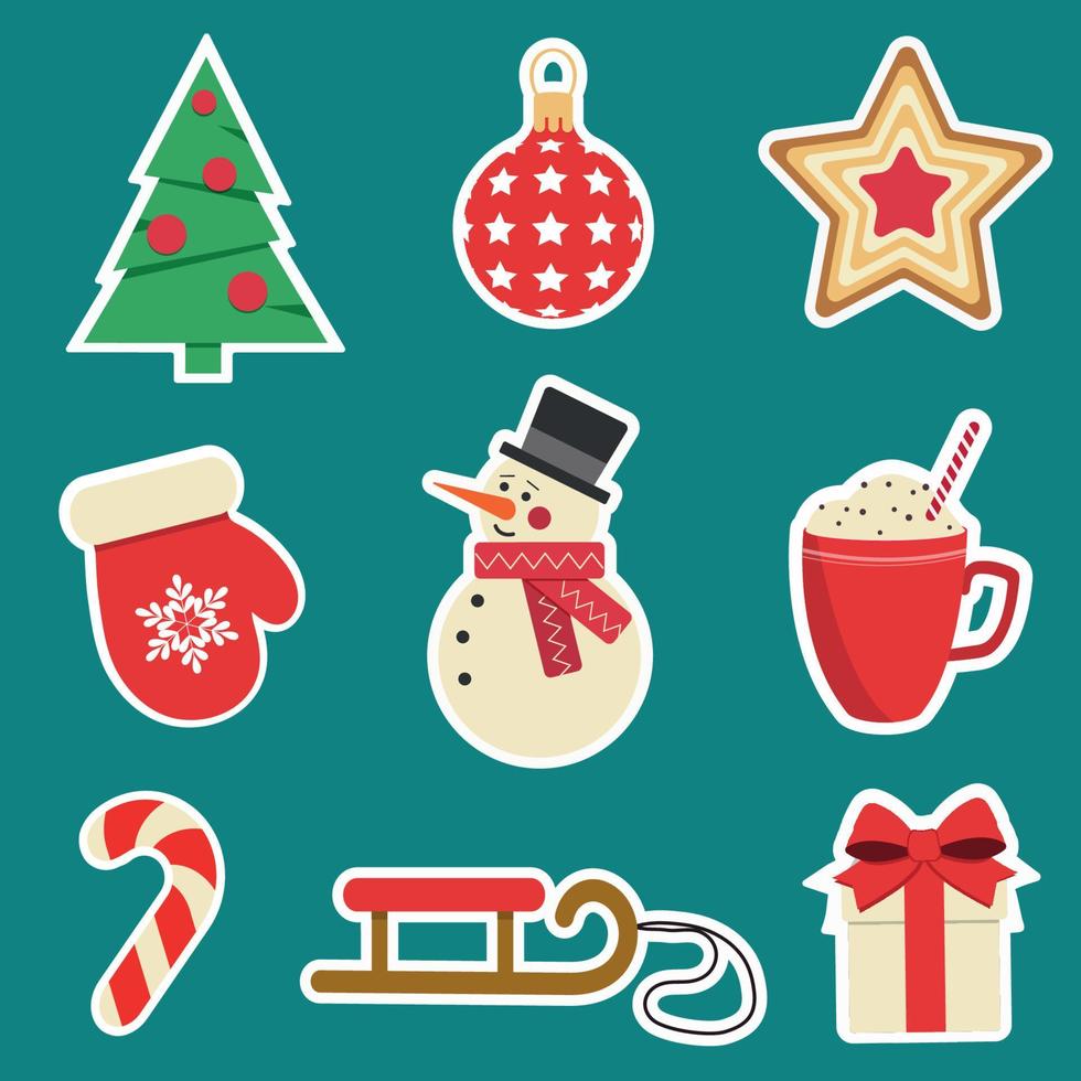 Christmas stickers. Christmas tree, ball, star, glove, snowman, cup of hot chocolate, candy cane, sleigh, gift box. Graphic design. vector