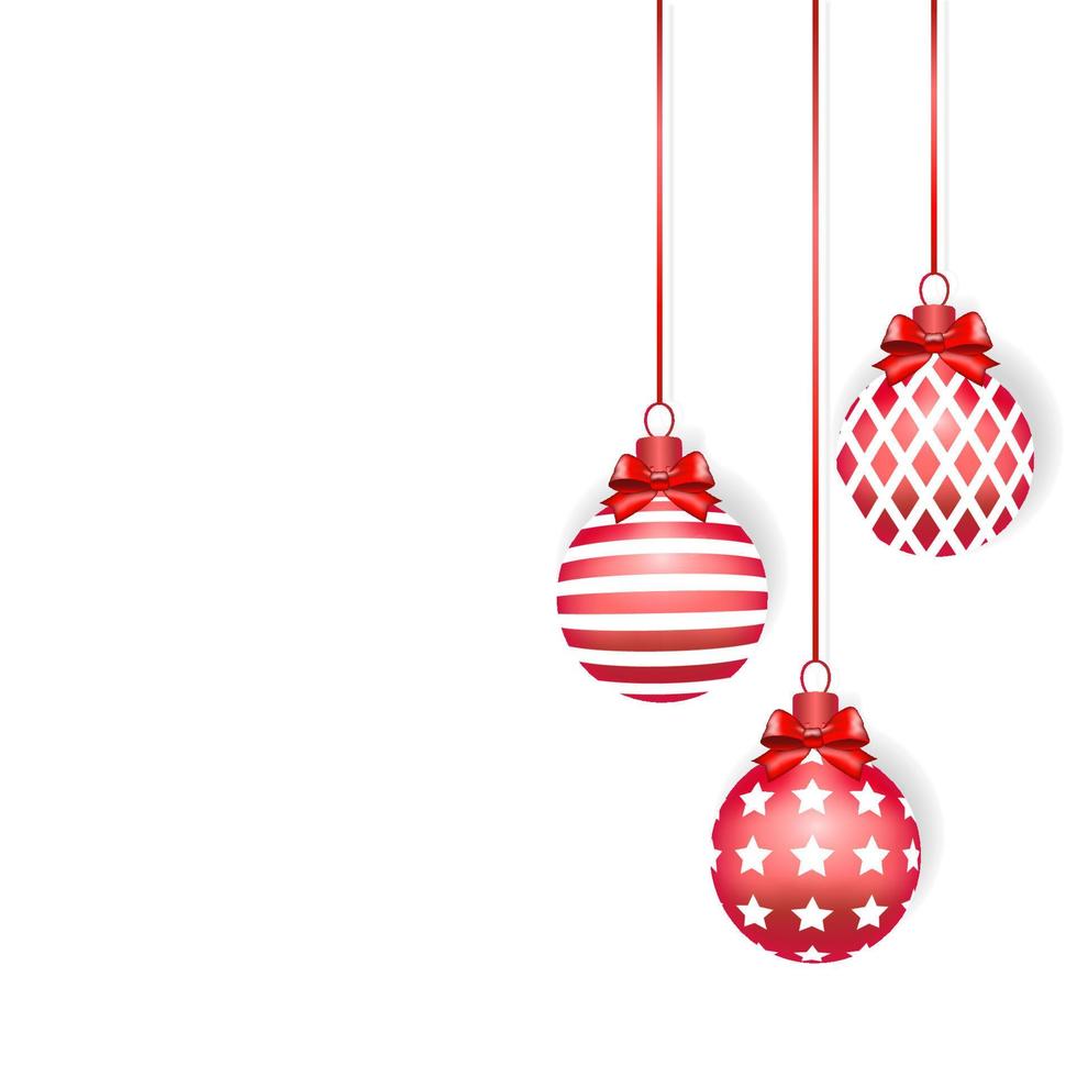 3 red and white  christmas balls hanging on the rope with copy space. Different ornament. Christmas background. Graphic design. vector