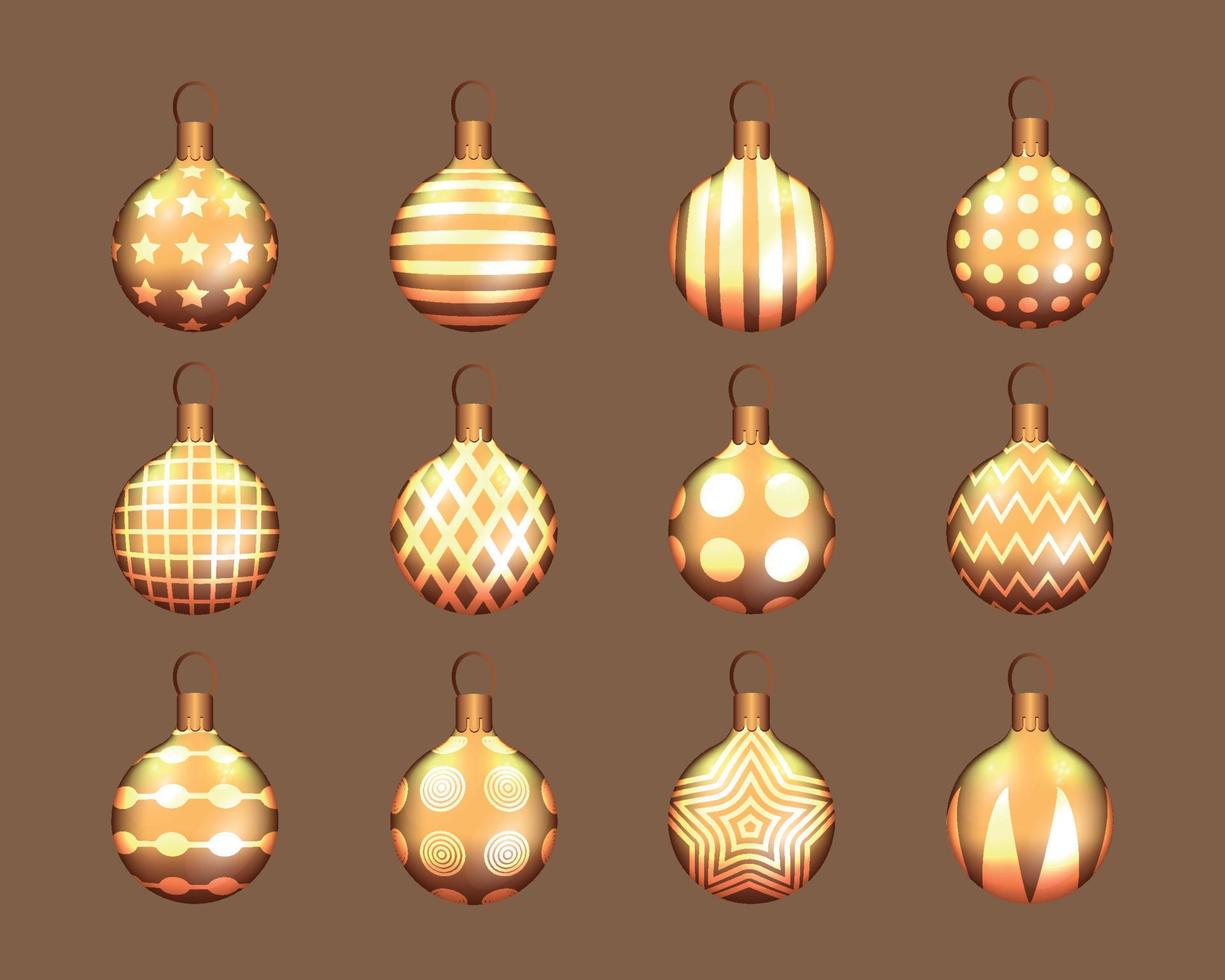 Set of 12 golden Christmas balls with different ornaments. Graphic design. vector