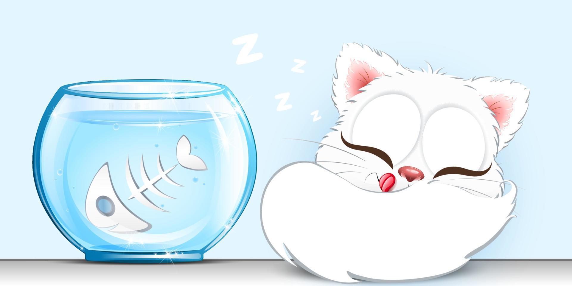 The white cat sleeps after eating one fish from the aquarium and well-fed sleeps vector